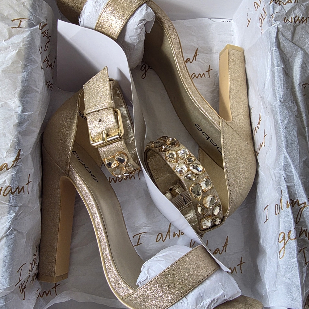 bebe Gold Glitter Heels with Jewel Accents